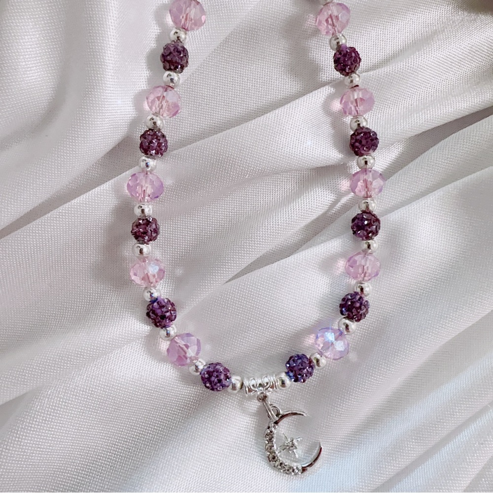 Handmade Purple Beaded Keychain with Crescent Moon Charm - Picture 2 of 3